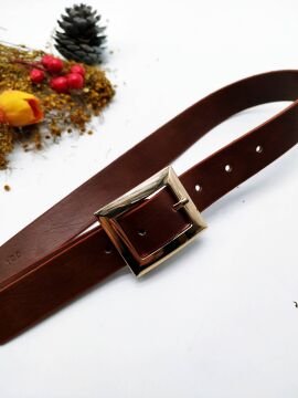 Altın Renk Tokalı Kare Model Kadın Kemer Taba