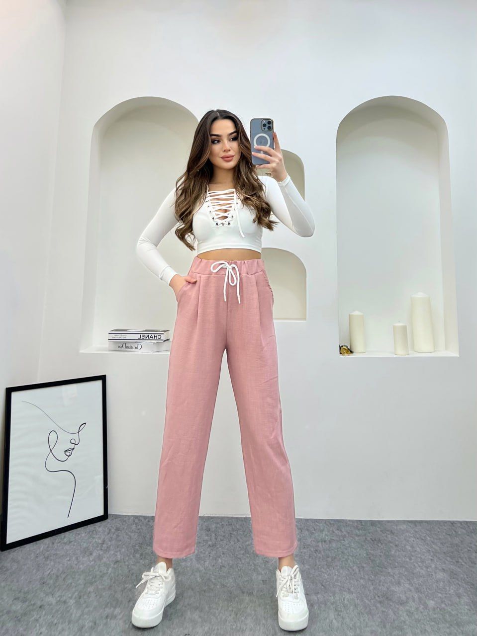 Pudra Renk Keten Kumaş Havuç Model Pantolon