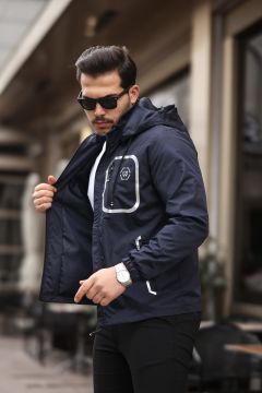 Siyah Şerit Detaylı Spor Model Kumaş Mont Lacivert Renk