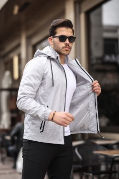 Siyah Şerit Detaylı Spor Model Kumaş Mont Gri Renk