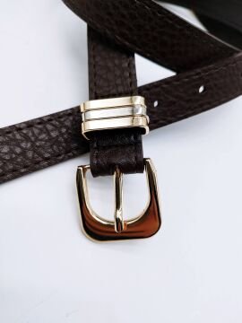 Baskı Deri Detaylı Altın Renk Tokalı Kadın Kemer