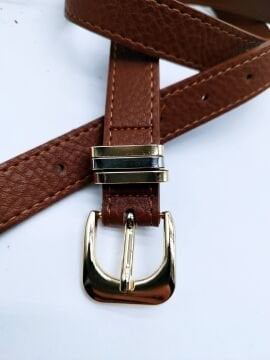 Baskı Deri Detaylı Altın Renk Tokalı Kadın Kemer