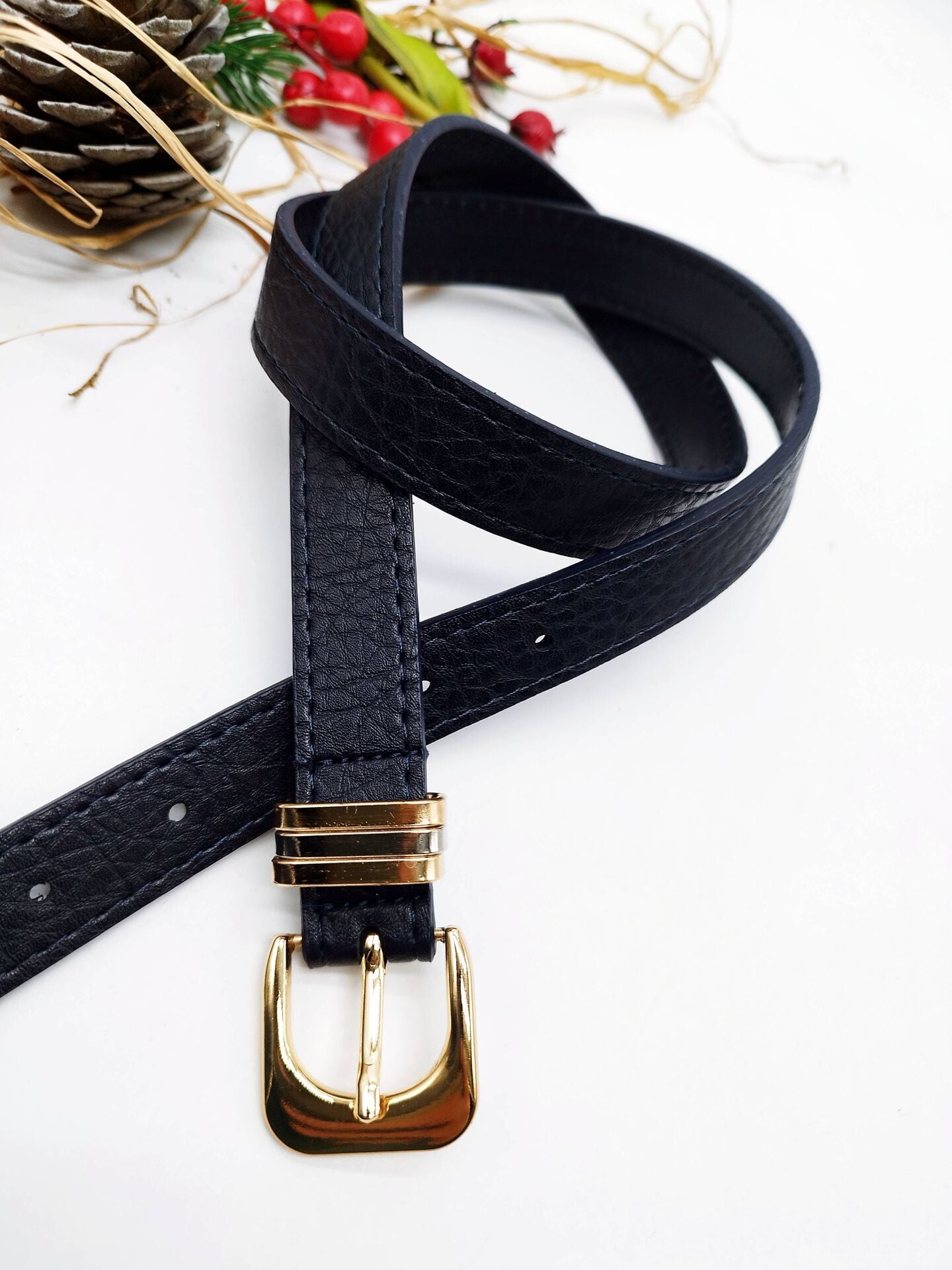 Baskı Deri Detaylı Altın Renk Tokalı Kadın Kemer