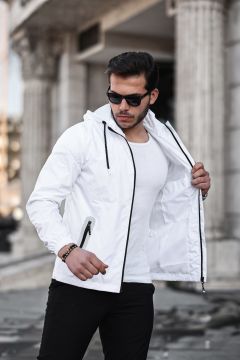 Şerit Reflektör Detaylı Spor Model Kumaş Mont Beyaz Renk
