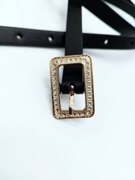 Beyaz Taş İşlemeli Altın Renk Tokalı Kadın Kemer