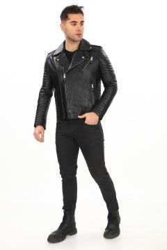 Slim Fit Kruvaze Yaka Erkek Deri Mont