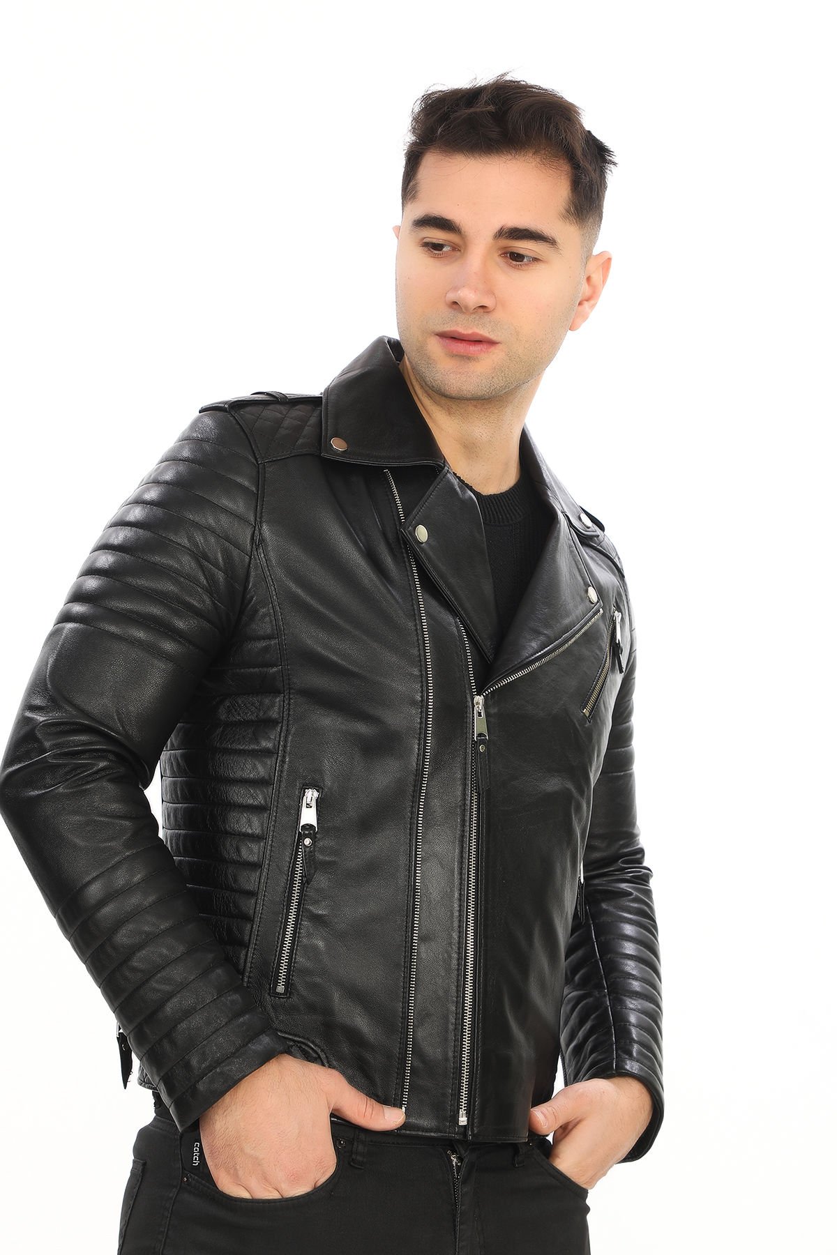 Slim Fit Kruvaze Yaka Erkek Deri Mont