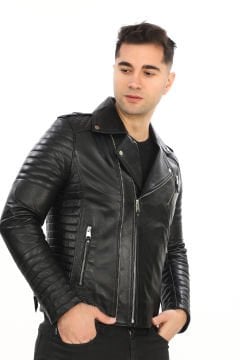 Slim Fit Kruvaze Yaka Erkek Deri Mont