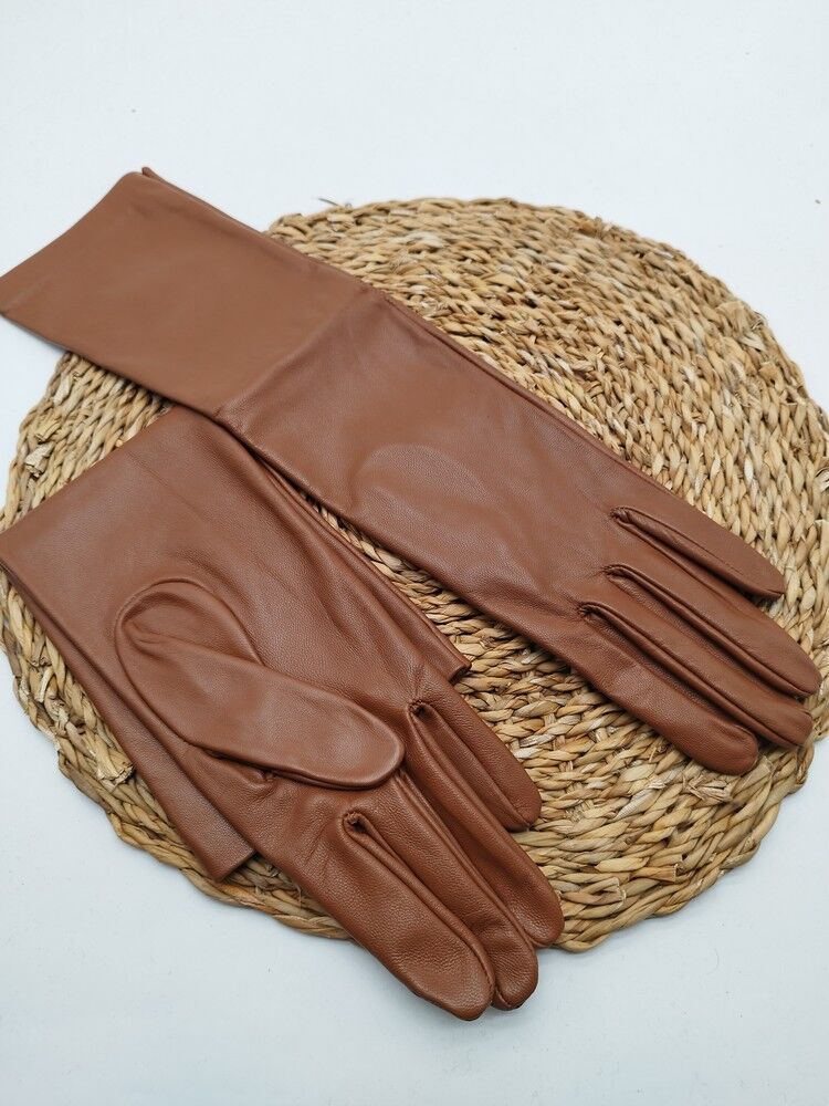 Uzun Bayan Deri Eldiven Polarlı Taba Renk