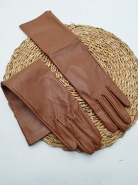 Uzun Bayan Deri Eldiven Polarlı Taba Renk