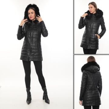 Uzun Model Tüylü Kapişonlu Şişme Kadın Mont