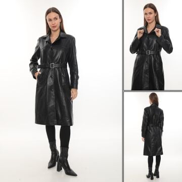 Kemerli Kadın Trenç Kot Deri Ceket Diz Altı