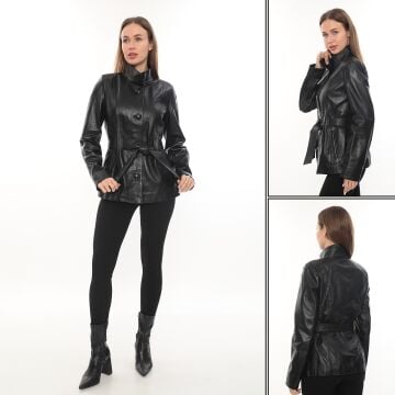 Şık Kemer Tasarımlı Kadın Deri Ceket