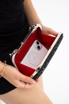 Klasik Kutu Model Taşlı Abiye Çanta Siyah Renk