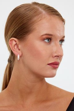 Rose Gold Renk Halka Model Taşlı Gümüş Küpe